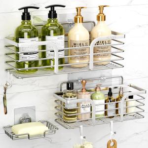 Yougai Shower Caddy Shower Shelf with Soap Dish and 4 Hooks, SUS304 Stainless Steel Shampoo Holder Bathroom Shower Organizer No Drilling Adhesive Wall Mounted Storage Shelves Basket Accessories-3 Pack (Silver)