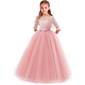 ABaoWedding Lovely Flower Girl Dress Lace Long Sleeves Prom Gown (Pink), One Size