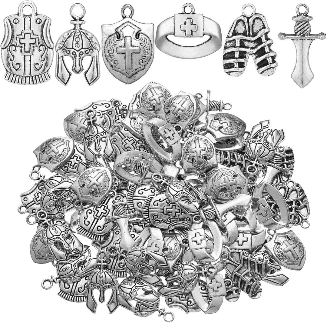 Ecation 180 Pcs Bible Theme Charms Pendants Put on the Full Armor Alloy Pendant Sunday Craft Belt Helmet Armor Charms Bulk for DIY Bracelet Necklace Jewelry Making (Silver)