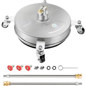 janz 14" Pressure Washer Surface Cleaner with 4 Wheels, Stainless Steel Housing, 1/4" Quick Plug, 2 Extension Wands, 2 Replacement Nozzles and 3 Spray Nozzles, 4000 PSI