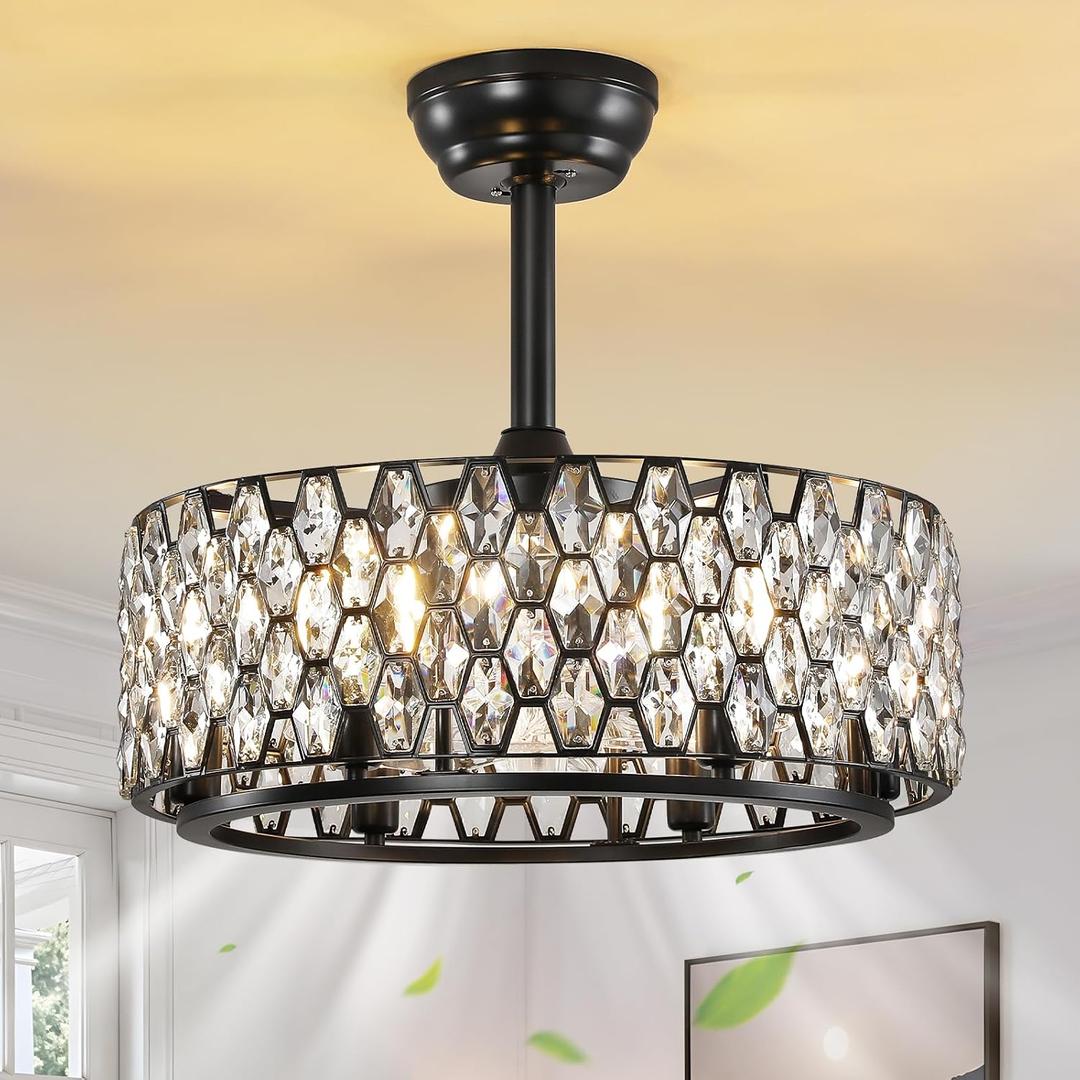RUIYEY Crystal Ceiling Fans with Lights: 20 inch Black Caged Fandelier Ceiling Fans with Remote, Reversible 7 Blades 6 Speeds E12 6 Light Modern Flush Mount Ceiling Light Fixtures for Bedroom Kitchen