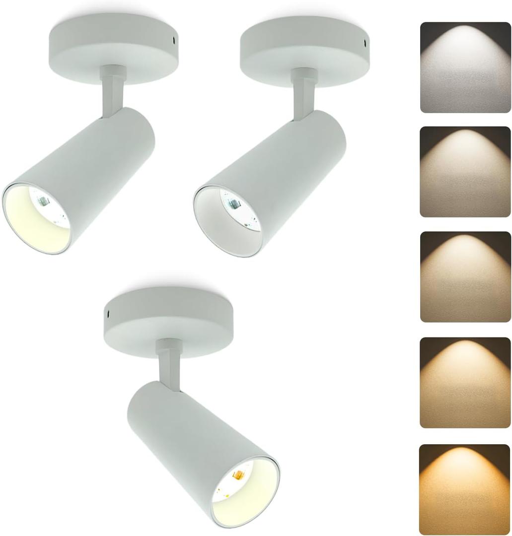 LED Ceiling Spotlight 5CCT 2700K/3000K/3500K/4000K/6000K Selectable Dimmable,Spot Light Indoor Adjustable Flush Mount Lights Fixture 12W CRI 90+, White, 3 Pack Tilt Angle Accent Lighting