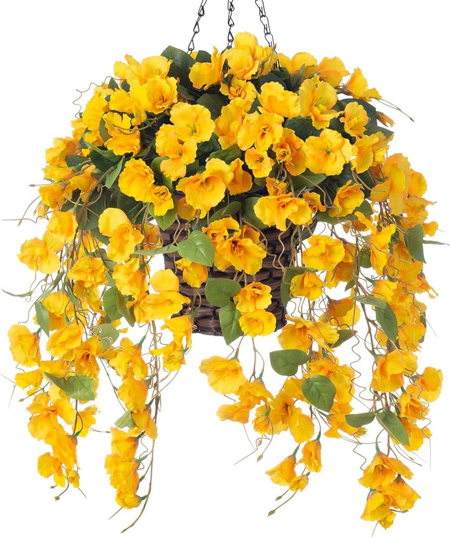 HyeFlora Artificial Hanging Flower Baskets for Spring Decoration, Outdoor Fake Plant Faux Silk Hibiscus Long Vines in Planter UV Resistant Realistic Flowers for Outside Porch Patio Home Decor, Yellow