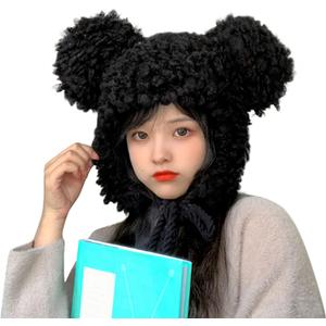 Cute Plush Faux Fur Animal Critter Hat Cap with Ear Flaps Fuzzy Bear Hat Soft Warm Winter Hats Beanie for Adults Women Girls (Large, Black)