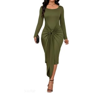 ENOPINK Fall Bodycon Dresses for Women 2026 Spring Long Sleeve Midi Dress Square Neck Party Club Wrap Long Dress