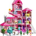 TEMI Villa Toys for 3 4 5 6 7 8 Years Old Girls - 4 Storeys 10 Rooms, Indoor Playset with 2 Dolls Figures, Furniture and Accessories, Pretend Girls Plays, Building Toys, Gifts