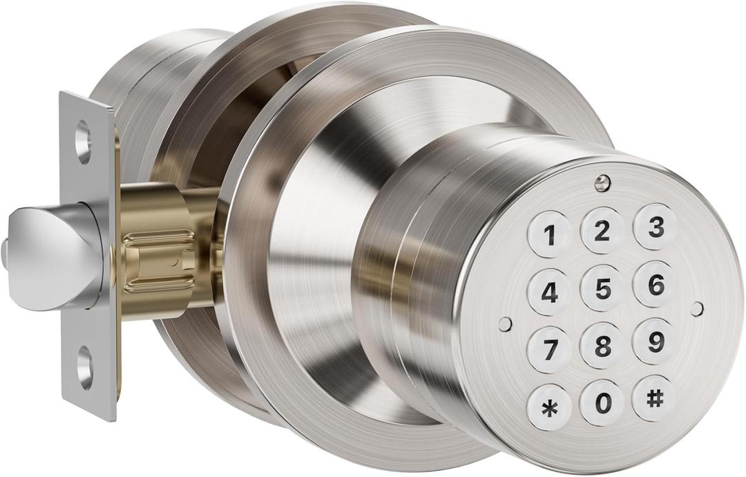 Door Knob with Keypad, Keyless Entry Door Lock for Bedroom, Door Knob with Lock for Front Door Garage Home Apartment, Satin Nickel