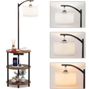 Round Side Table with Lamp and USB Ports, 3-Tier Small End Table for Living Room & Bedroom, Rustic Wood Metal Nightstand for Small Spaces, Easy to Assemble, Rustic Walnut (39.9D x 39.9W x 57.9H ) (1-Pack, Built-in Charging + Lighting, Rustic Walnut)