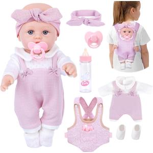 12'' Baby Doll Playset with Clothes and Dolls Carrier Accessories Included Baby Carrier, Bottles, Nipple, Socks, Headbands