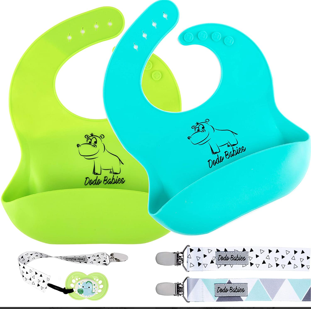 Dodo Babies Silicone Bib Set - Practical BPA-Free Feeding Solution with Adjustable Straps, Wide Food Pocket, and Bonus Pacifier Clips