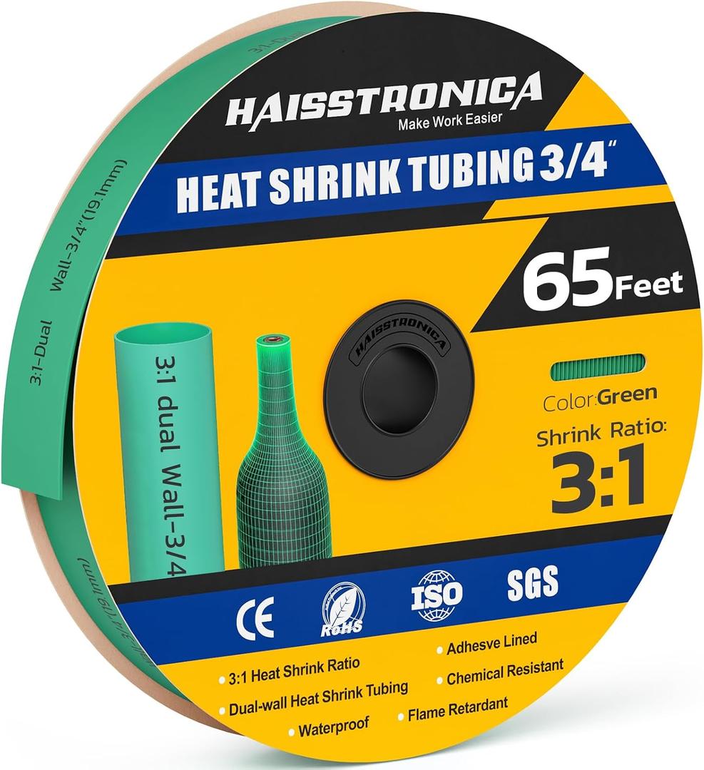 haisstronica 3:1 Heat Shrink Tubing, Shrink Ratio Adhesive Lined Marine Grade Heat Shrink Tube for Home, Automotive and Industrial (Green) 65FT 3/4inch