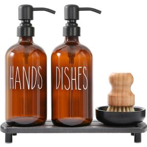 MOMEEMO Amber Glass Soap Dispenser Set Comes with Stainless Steel Pumps, Instant Dry Tray, and Dish Scrub Brush, Suitable for Soap Dispenser for Kitchen Sink. (Amber)
