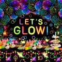 57 Pcs Let Glow Neon Party Supplies Including Glow in the Dark Decoration Backdrop Banner, Garlands, Tablecloth, Luminous Helium Latex Balloon(Round Dot,Clear, Black)
