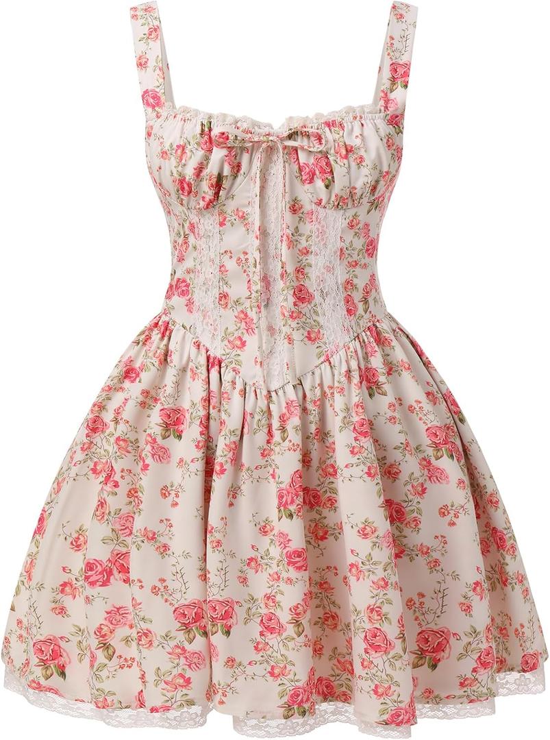 Women's Corset Dress Floral Mini Sexy Spaghetti Straps Low Cut Lace Short Dress Ruffle Summer Bustier Sundress (White Red) XL