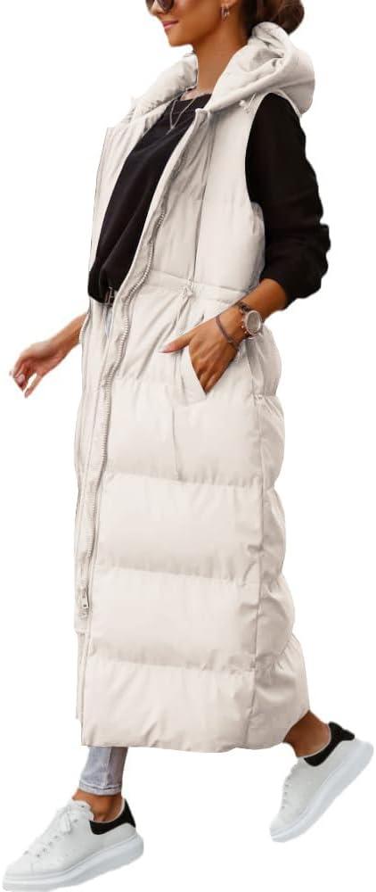 Shanfetl Women's Long Quilted Vest Hooded Maxi Length Sleeveless Puffer Vest Padded Coat Winter Outerwear (Beige)