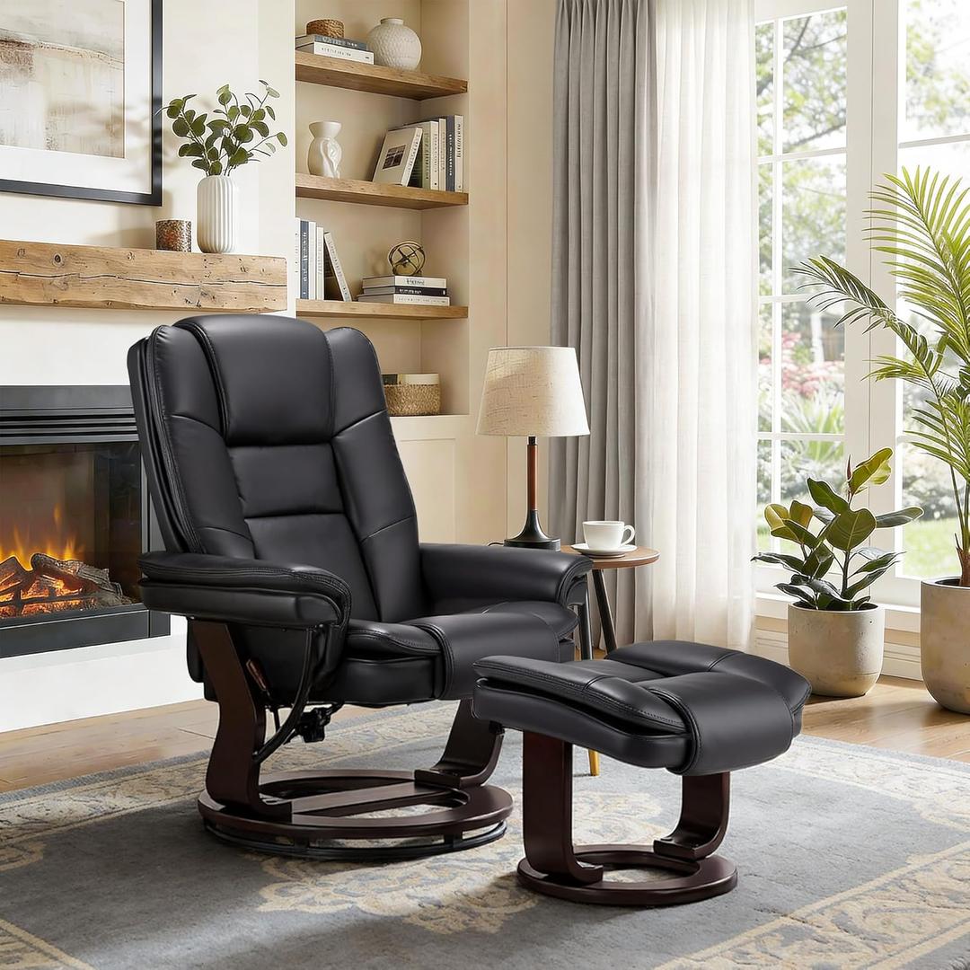 Argus Swivel Recliner with Ottoman, PU Leather & Wood Base Reclining Chair with Footrest, Ultra-Plush Double Foam for Living Room, Bedroom and Office, Set of 1 (Black)