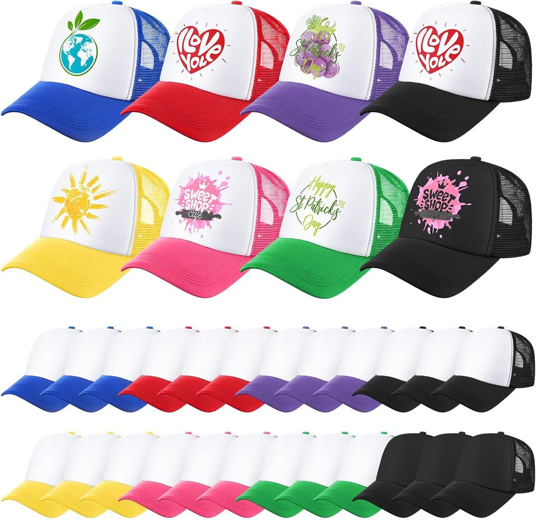 Jeyiour 48 Pack Trucker Hat Bulk Polyester Adjustable Plain Mesh Sublimation Blank Baseball Cap for Women Men Kids