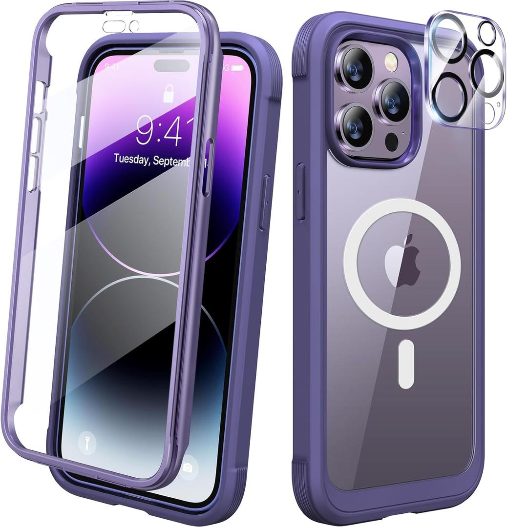 Diaclara Designed for iPhone 14 Pro Case 6.1,[Compatible with MagSafe] Full Body Rugged Magnetic Protective Case+Tempered Glass Camera Lens Protector w/Built-in Screen Protector (Purple-Mag) (iPhone 14 Pro 6.1", Magnetic Purple)