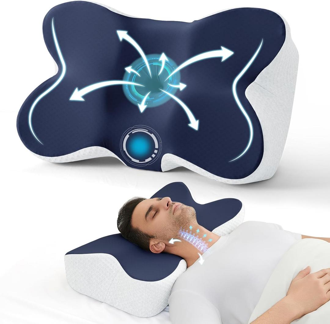 JOLLYVOGUE Cervical Neck Pillow for Pain Relief Memory Foam Side Sleeper Pillow with Cooling Pillowcase, Ergonomic Design for Back Stomach Sleepers, Medium, Dark Blue