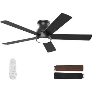 52 Inch Black Ceiling Fans with Lights and Remote, LED Low Profile Flush Mount Ceiling Fan for Bedroom, Living Room, with Quiet DC Motor, Dimmable 6 Speeds