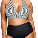 Yonique Womens Two Piece Plus Size Halter Bikini Swimsuits Tummy Control Bathing Suits High Waisted Swimwear (20 Plus, Black and Stripe)