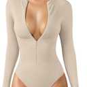 OQQ Women's Bodysuit Tops Invisible Zip Long Sleeve Crew Neck Bodysuits (Medium, Oatmeal)