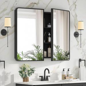 Bathroom Medicine Cabinet with Mirror 24 x 30 Inch, Black Medicine Cabinet Recessed or Surface Wall-Mounted, Mirrored Cabinets with Sturdy Metal Adjustable Shelves for Bathroom Vanity