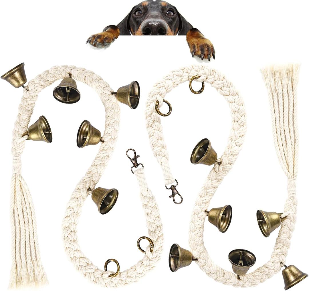 2 Pack Dog Bells for Door Potty Training, Handwoven Cotton Rope Dog Doorbell with 6 Extra Loud Bells, Adjustable Dog Door Bells for Small Medium Large Dogs to Ring to Go Outside, Beige