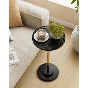 Round Side Table, Small Drink Table for Small Spaces, Modern Accent End Table with Metal Leg for Living Room, Bedroom, Corners, and Office (Black Gold)