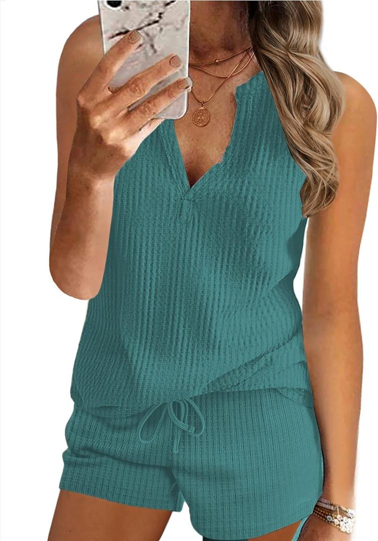 Ekouaer Pajamas Tank Top and Shorts Lounge Sets Waffle Knit V Neck Pj Short Sets Casual Outfits for Women (Large, Dark Turquoise)