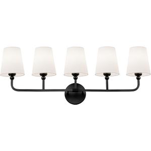 Bathroom Light Fixtures, 5 Light Matte Black Vanity Lights with Flared White Fabric Shade, 35 Inch Wall Sconce, Modern Sconces Wall Lighting for Hallway Bedroom, VL837-MB-5