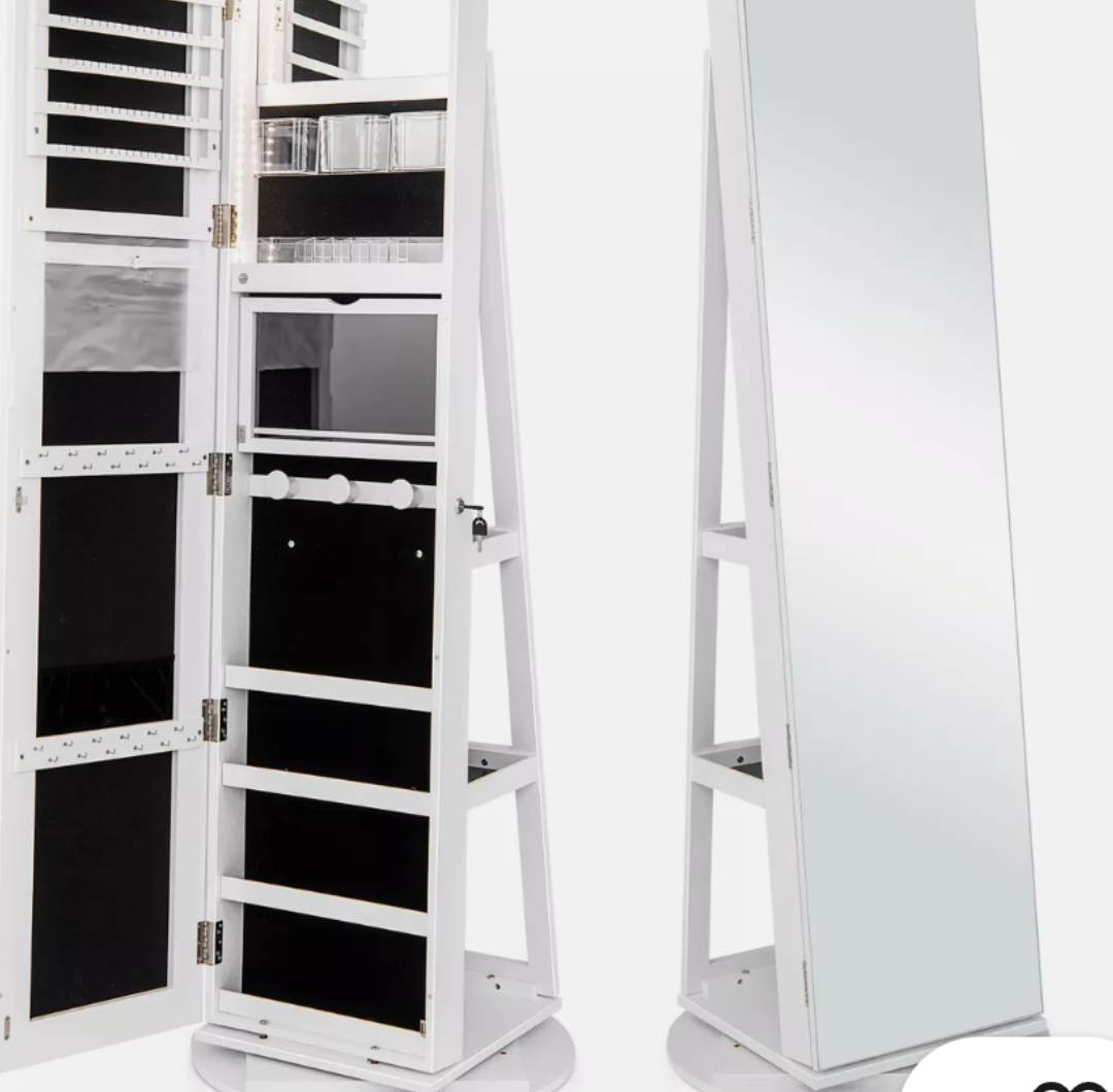360°Rotating Mirrored Jewelry Cabinet w/ High Mirror & Storage Shelves White