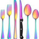 48 Pcs Rainbow Silverware Set with Steak Knives Service for 8,Stainless Steel Flatware Set,Mirror Polished Cutlery Utensil Set, Kitchen Eating Tableware,Include Fork Knife Spoon Set,Dishwasher Safe