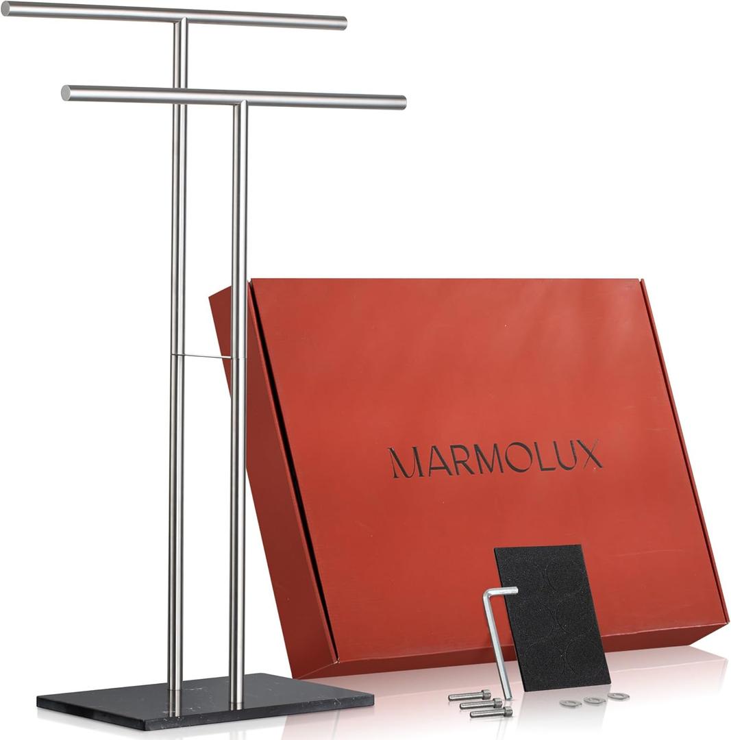 Towel Stand  Freestanding Towel Rack for Bedroom & Bathroom, Heavy-Duty Towel Drying Rack with Sturdy Base, Stylish Modern Free Standing for Spa & Home 1.6'x2.7'x0.7' (Brushed Steel Stand W/ Black Marble Base)