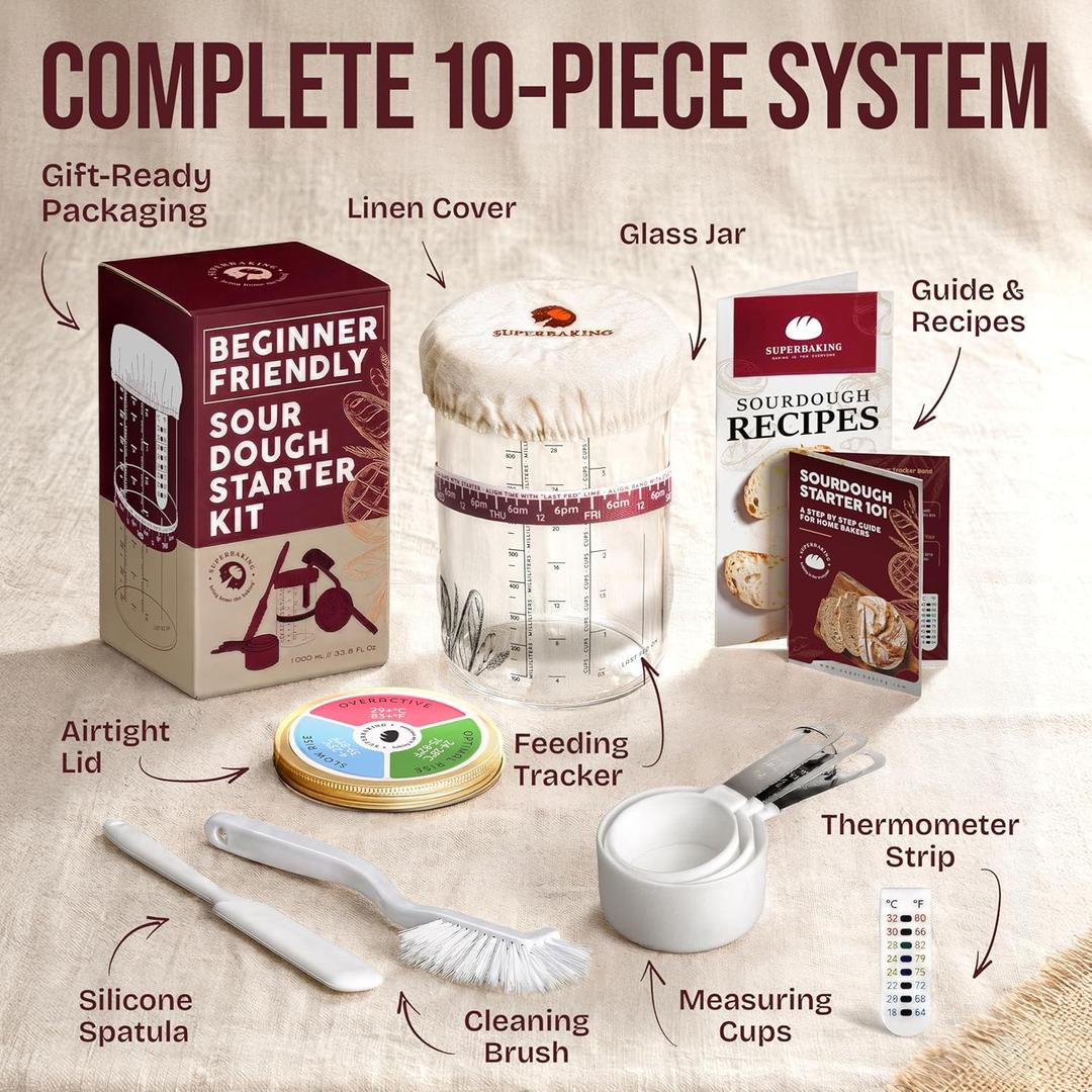 Superbaking Sourdough Starter Jar, Beginner Sourdough Starter Kit, 34oz Wide Mouth Sour Dough Glass Jar with Guides & Recipes, Sourdough Bread Baking Supplies, Sourdough Container Crock