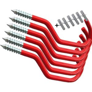 AIYoo Bike Hooks Heavy Duty Bicycle Storage Hooks Set of 6,Screw-in Utility Storage Hangers Shed Garage Garden Hook Plastic Coated for Wall Mount/Ceiling Red