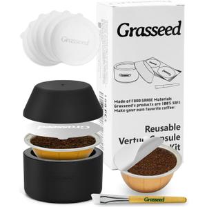 Grasseed Reusable VertuoLine Capsule Kit for Nespresso Pods with 100Pcs Aluminum Foil Seals Lids, Refillable Coffee Pods for VertuoLine to Refill Pods