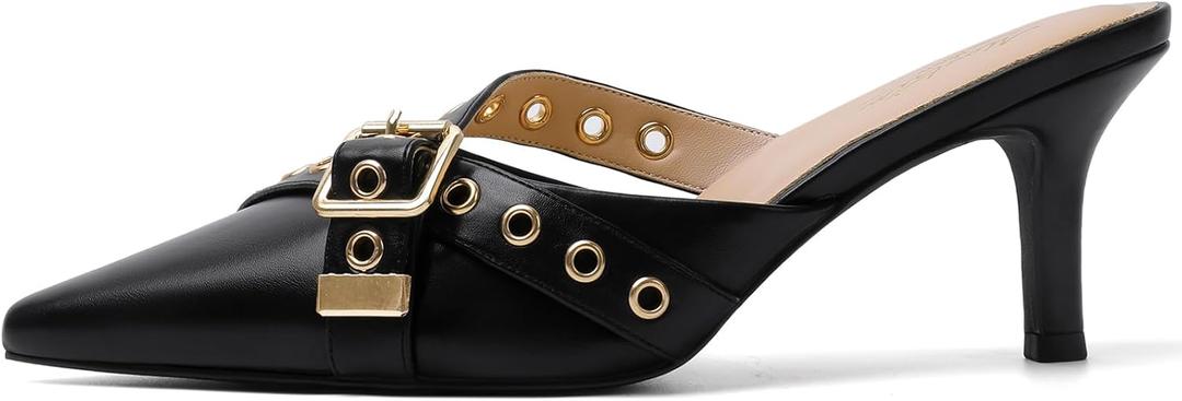Mostrin Kitten Mules Heels for Women Pointed Closed Toe Heels Vintage Slip on Stiletto Dressy Pumps Shoes (11, Black)
