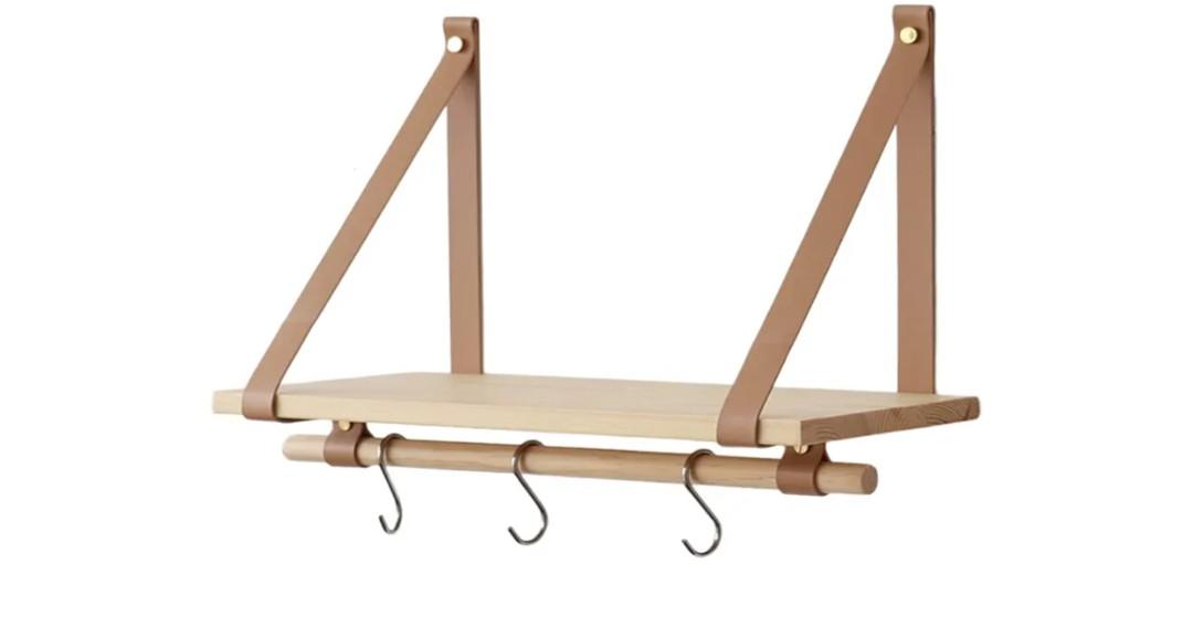 FRIADE Wall Wood Floating Shelves, Multifunctional PU Leather Strap Storage Shelves, Storage Organizer for Kitchen, Living Room, Bedroom, Study, 1 Pack (Burlywood)