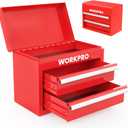 WORKPRO Mini Metal Tool Box with 2 Drawers and Top Storage, Small Tool Chest with PVC Liners and PP Feet Pads, Cold Rolled Steel Toolbox with Magnetic Tab (Red)