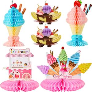 Outus 6 Pieces Ice Cream Table Centerpiece Tissue Ice Cream Honeycomb Table Centerpieces for Theme Party Decorations Supplies Birthday Baby Shower
