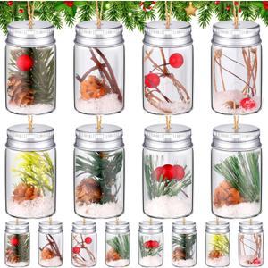 16 Pcs Christmas DIY Fillable Ornaments Kits Clear Glass Bottle Hanging Ornaments, Pine Cones Hanging Mason Jar with Screw Off Caps Rope for DIY Crafts Home Farmhouse Christmas Tree Party Decoration