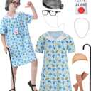 qnprt 100 Days of School Costume 100th Old Lady Costume for Kids Girls Grandma Dress Up Size 8