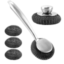 1 Long Handle Steel Wool Scrubber with 1 Short Handle Stainless Steel Scrubber and 3 Replacement Steel Scrubber for Cleaning Tableware and Cooking Tools(Color:as Shown)