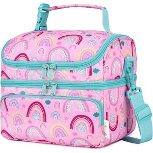 Kasqo Lunch Bag Kids, Dual Compartment Insulated Cooler Bag Girls Boys Toddler Lunch Box Containers for Daycare School Kindergarten Travel Pink Rainbow