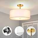 FRIDEKO HOME 3-Light Semi Flush Mount Ceiling Light Fixture, 15.74" Gold Drum Light, Modern Close to Ceiling Light with White Fabric Shade Lamps for Bedroom Living Room Kitchen Hallway Entryway Foyer