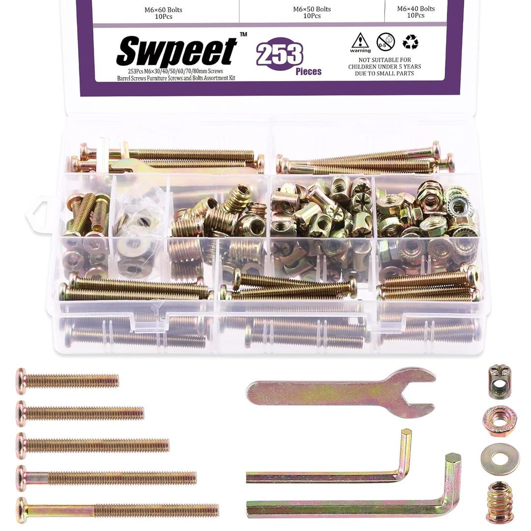Swpeet 253Pcs M6 x 30/40/50/60/70/80mm Zinc Plated Crib Hardware Screws Kit, Hex Socket Head Cap Crib Bed Bolt and Barrel Nuts Flat Washer and Flange Nuts with Threaded Insert Nuts