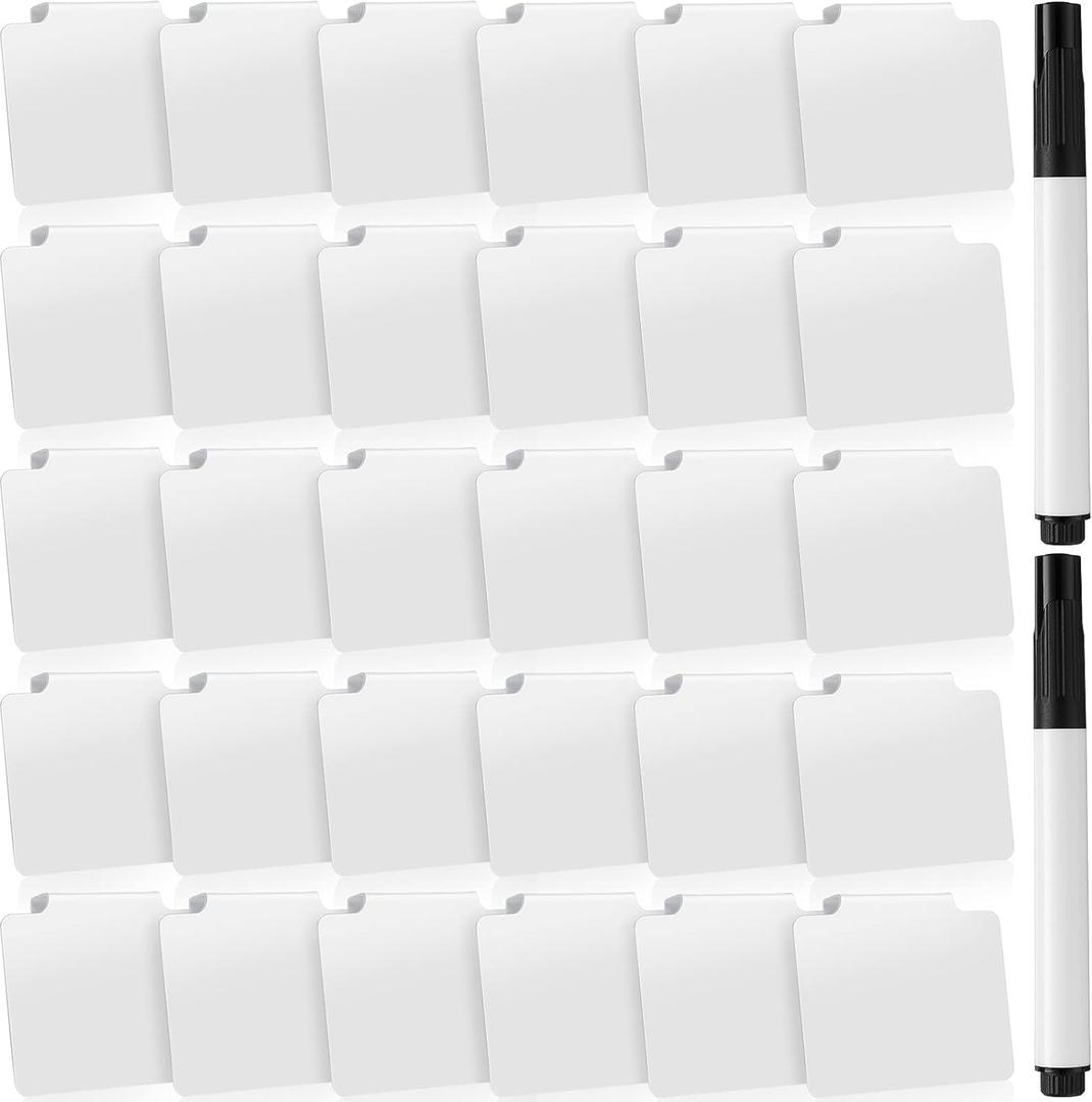 32 Pieces Basket Labels Clip Set, Include 30 Kitchen Clip Label Holder Removable PVC Bin with 2 Chalk Marker for Basket Pantry Organization Box (White Label Clip, Black Pen)