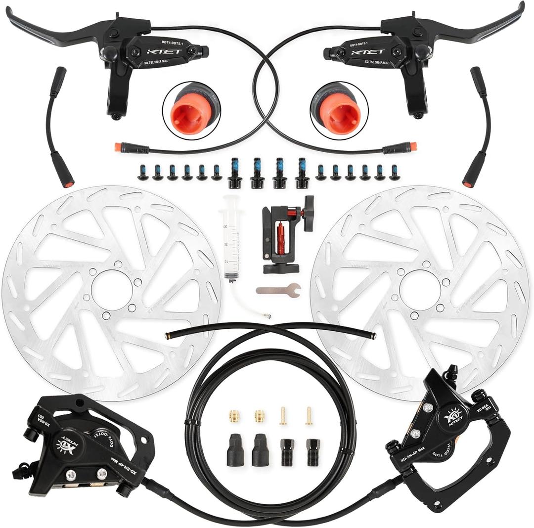 4 Piston Hydraulic Brakes for Ebike: 2 PIN Waterproof Power-Off Connector, Pre-Bleed Filled with DOT 4 Brake Fluid Brake Kit - 180mm 2.75mm Thickened Rotor (Black, 4 Piston)