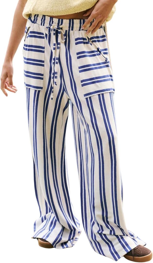 Women's Palazzo Pants Striped Wide Leg High Waist Casual Comfy Pants with Pockets (M)